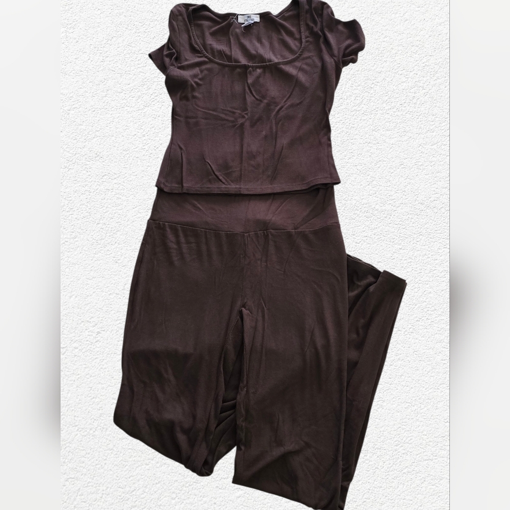 SWS Athletics Brown Ribbed Lounge Set Womens XL Flare Pants & Top Matching Set